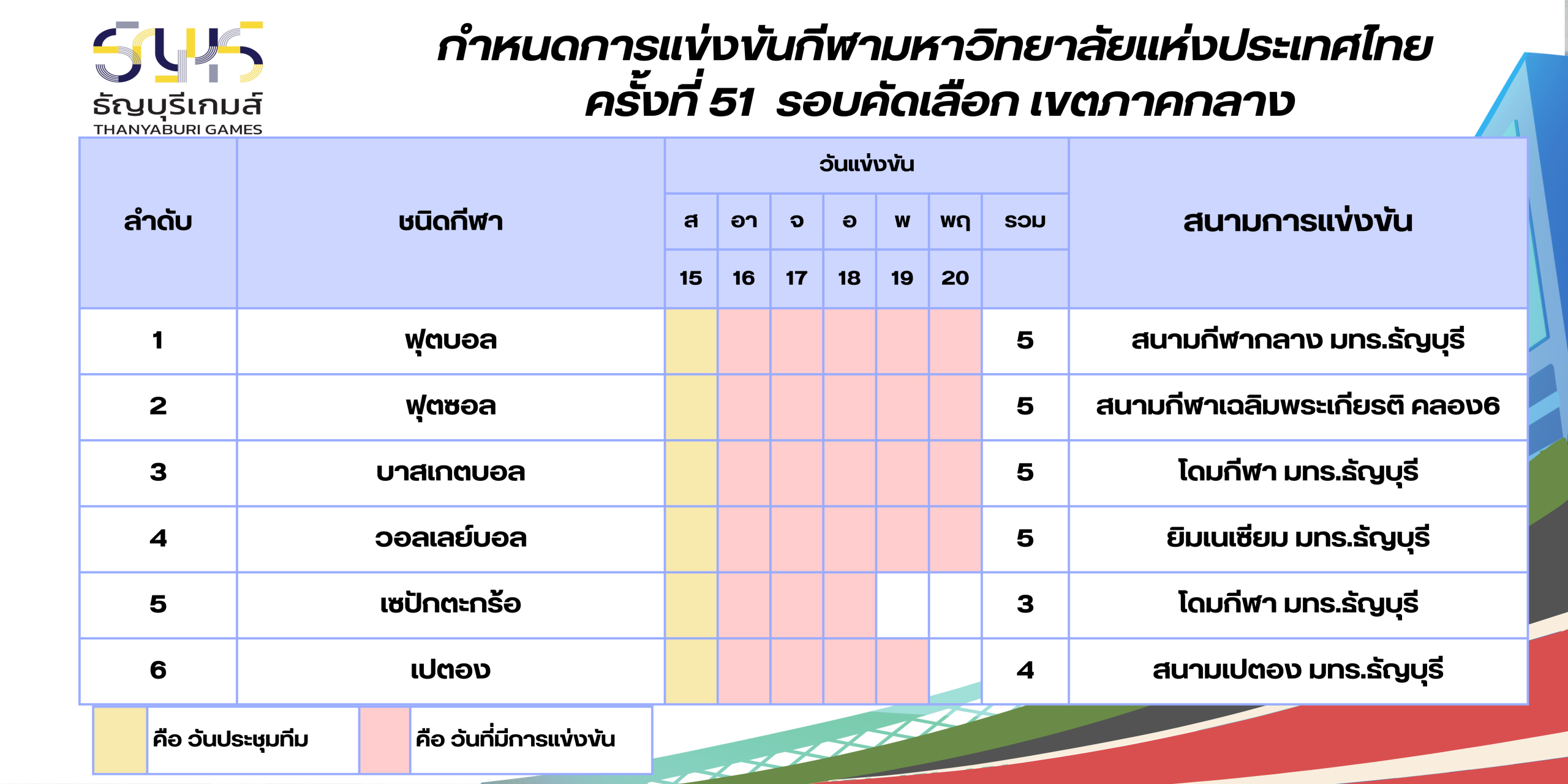 กำหนดการแข่งขันกีฬามหาวิทยาลัยแห่งประเทศไทย ครั้งที่ 51 รอบคัดเลือก เขตภาคกลาง